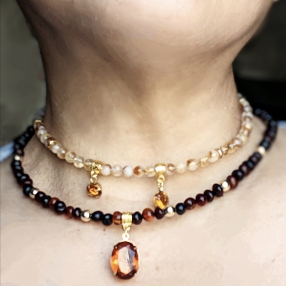 11 Carats Natural Whiskey Citrine & Baltic Amber Two Strand Choker Necklace - Picture 9 of 9
